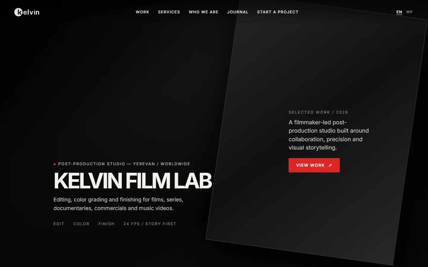 Kelvin Film Lab կայքի գլխավոր էջը desktop-ում, անգլերեն